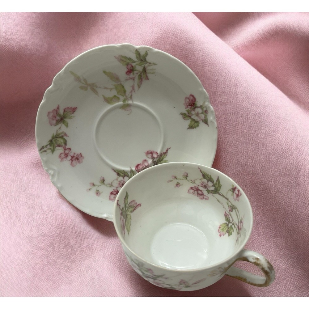 Haviland &‎ Co Limoges Tea Coffee Cup & Saucer Set Pink White Floral China VTG